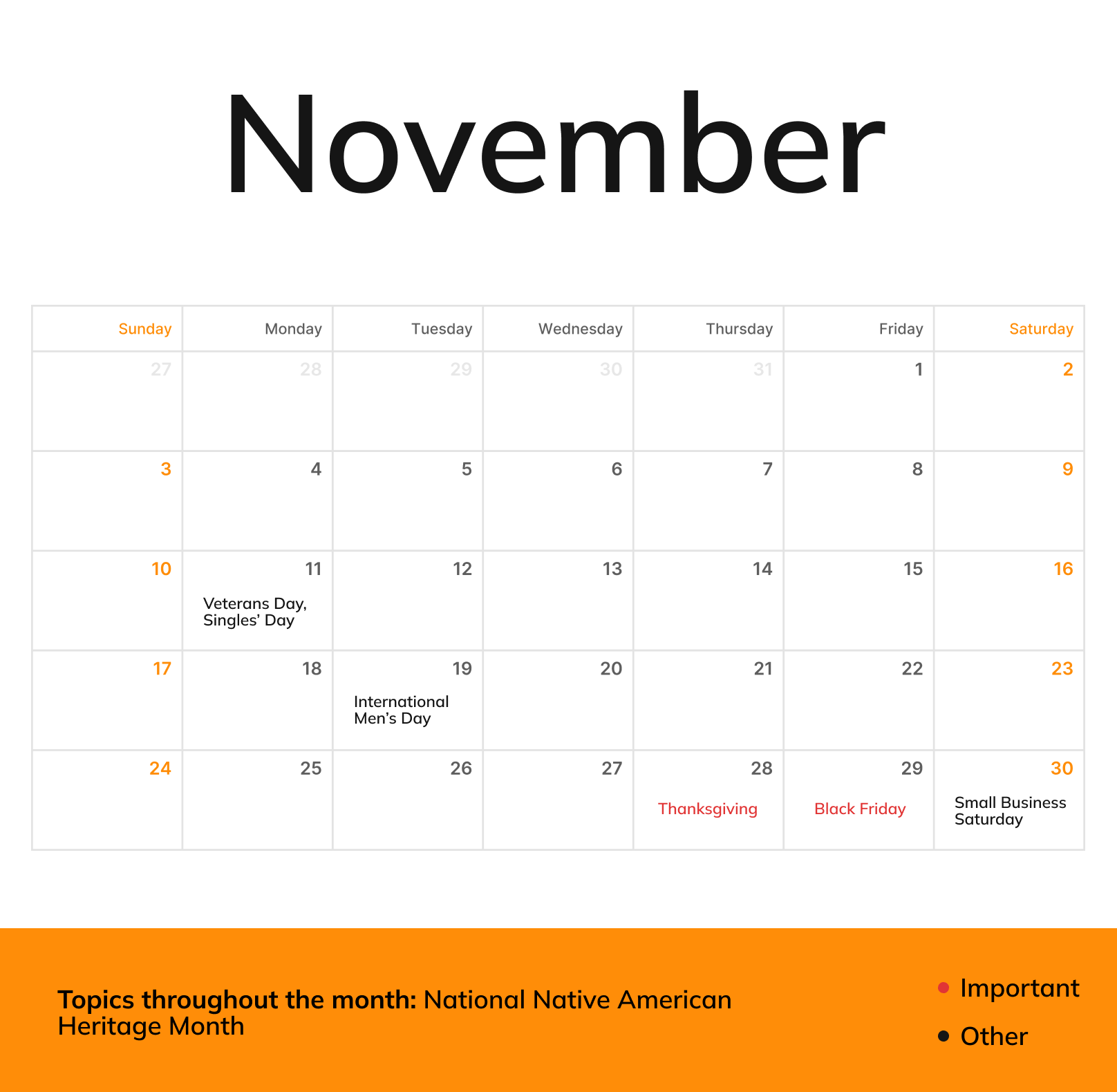 A November monthly calendar with holidays and topics throughout the month being National Native American Heritage Month