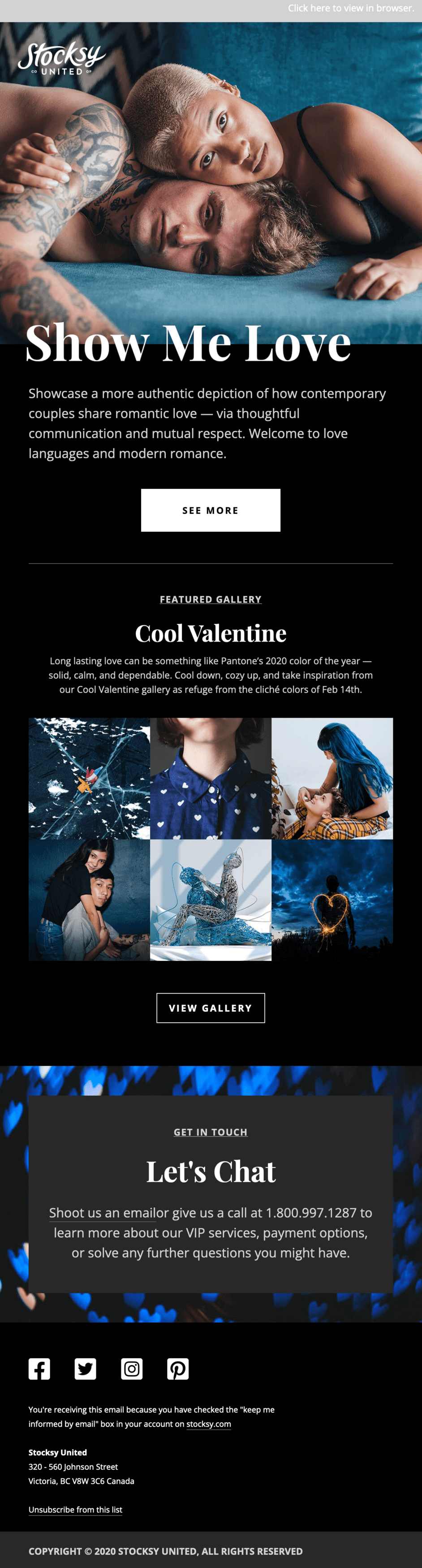 An email from Stocksy with a photo of a couple and a featured photography collection called Cool Valentine