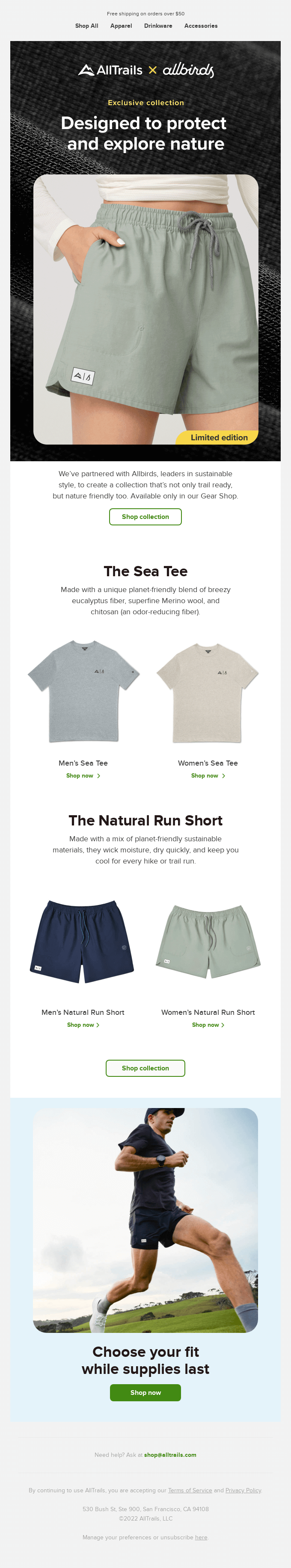 Allbirds product email with relevant sustainability message.