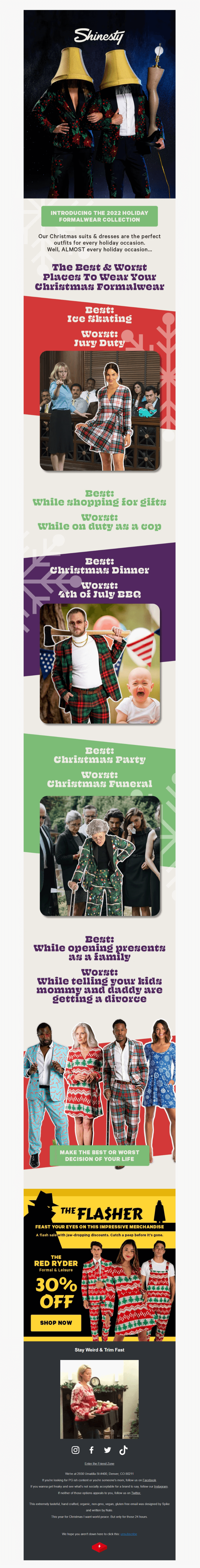Email from Shinesty promoting a Christmas merch collection with a witty copy and overwhelmingly bright photos