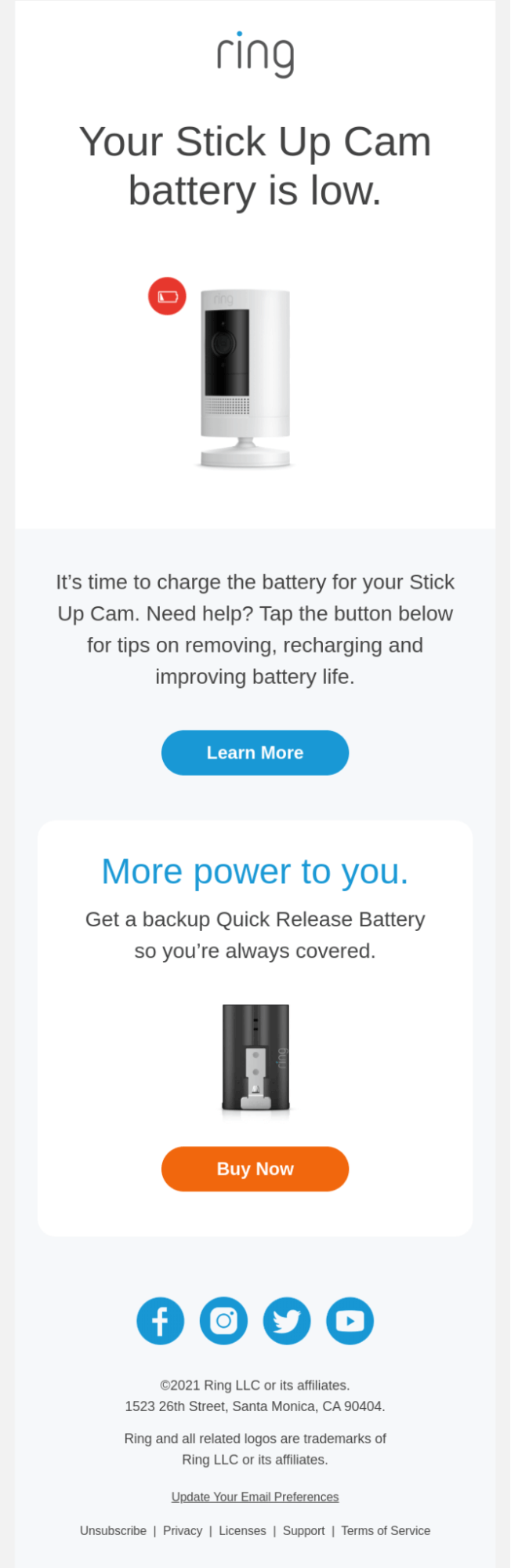Ring email with “low battery” reminder and extra option to buy an upgraded battery