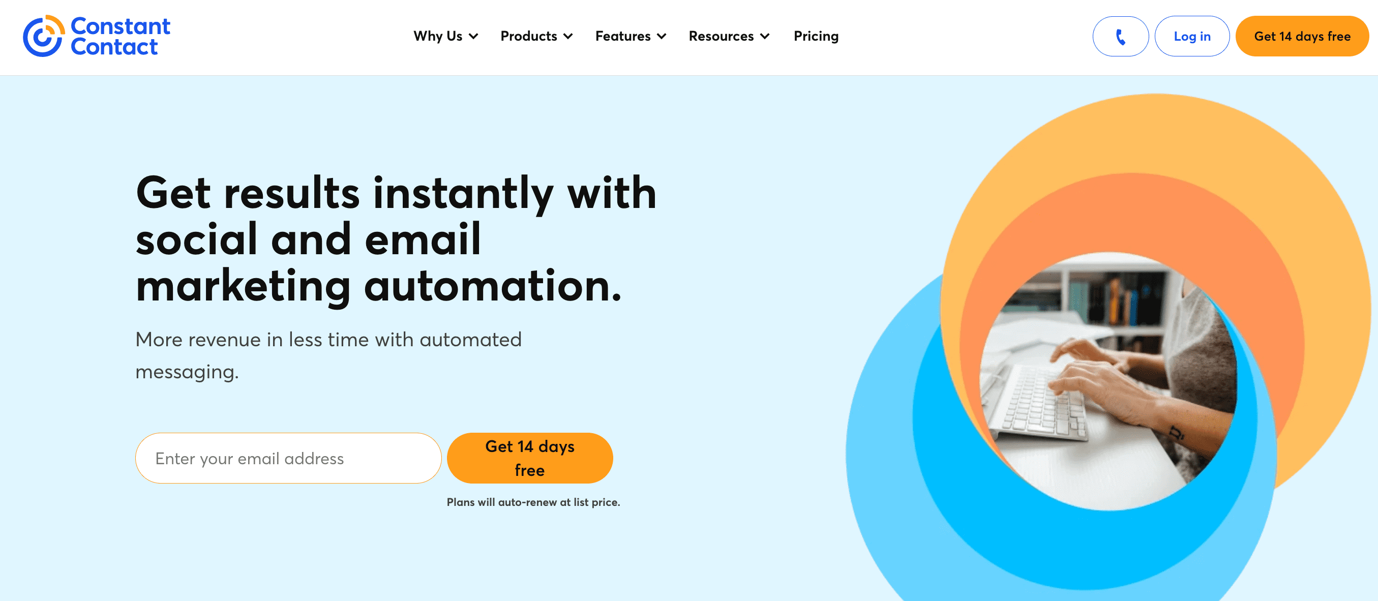 Constant Contact’s landing page with the banner text that reads “Get results instantly with social and email marketing automation.”