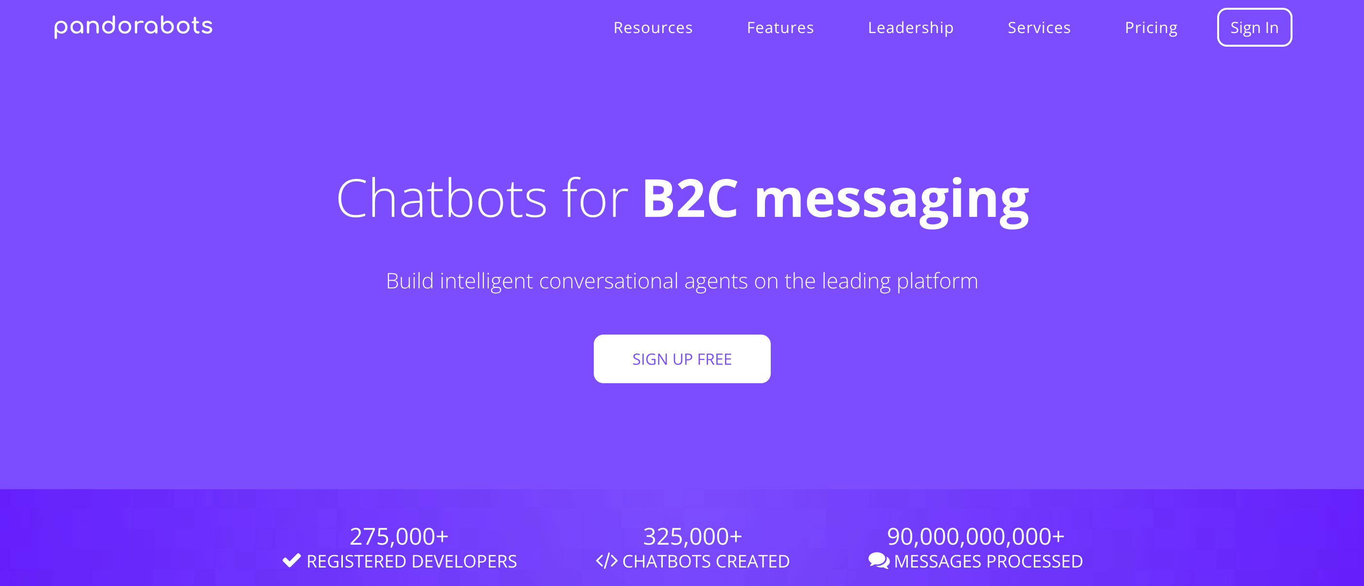 The Pandorabots home page, featuring a headline that says, “Chatbots for B2C messaging.”
