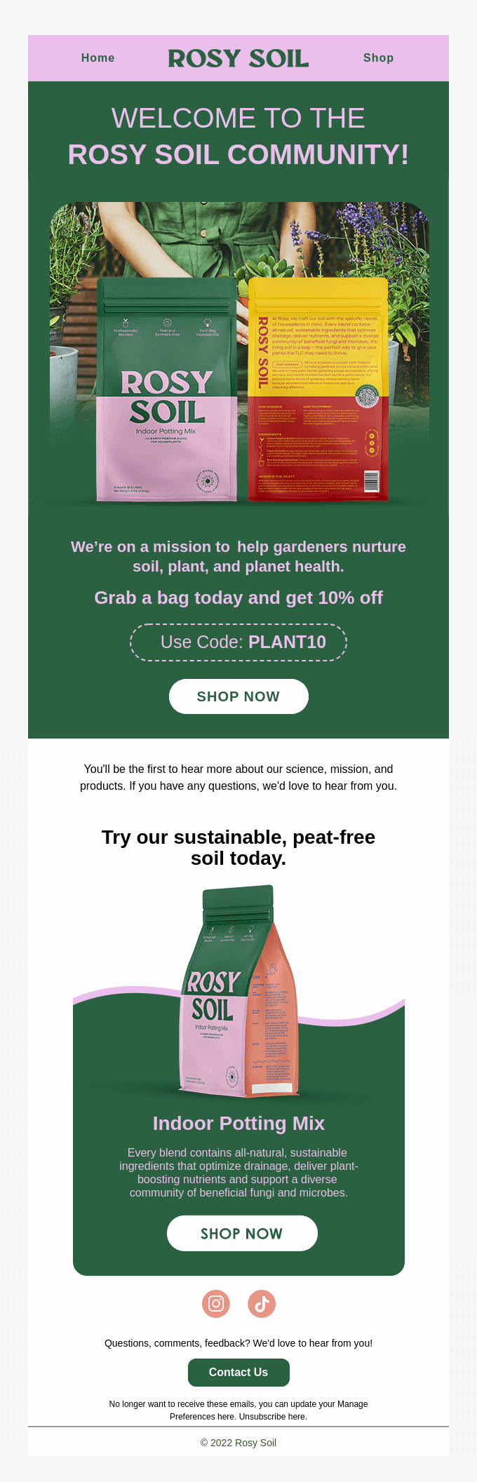 A welcome email from Rosy Soil offering a newcomer’s discount