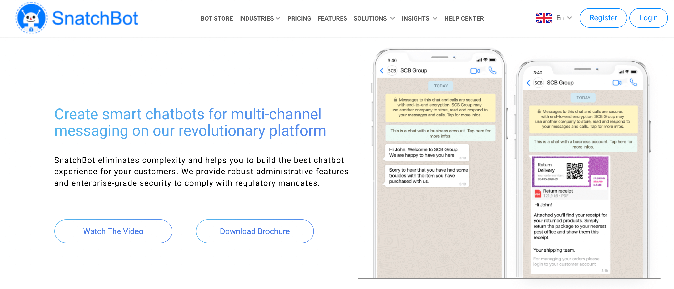 The SnatchBot home page, featuring a headline that says, “Create smart chatbots for multichannel messaging.”