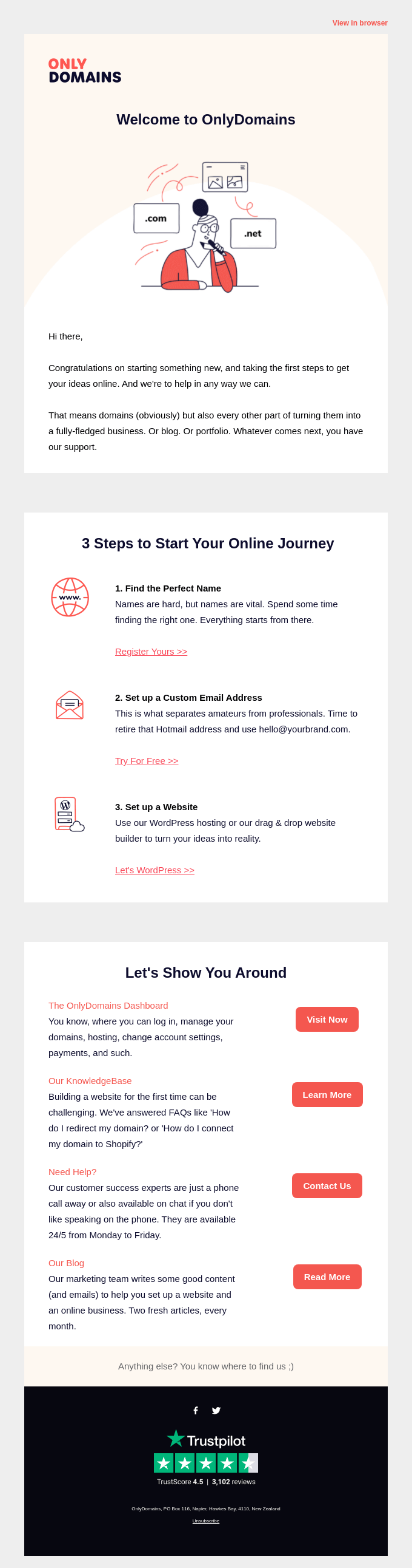 An onboarding email from Onlydomains explaining 3 steps for a user to start their online journey.