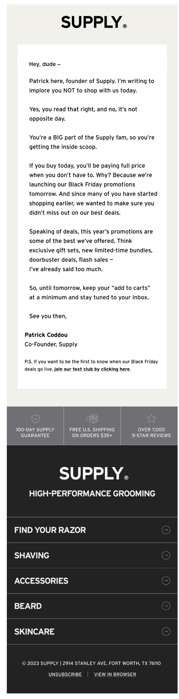 Email from Supply telling subscribers not to buy anything now because Black Friday starts tomorrow