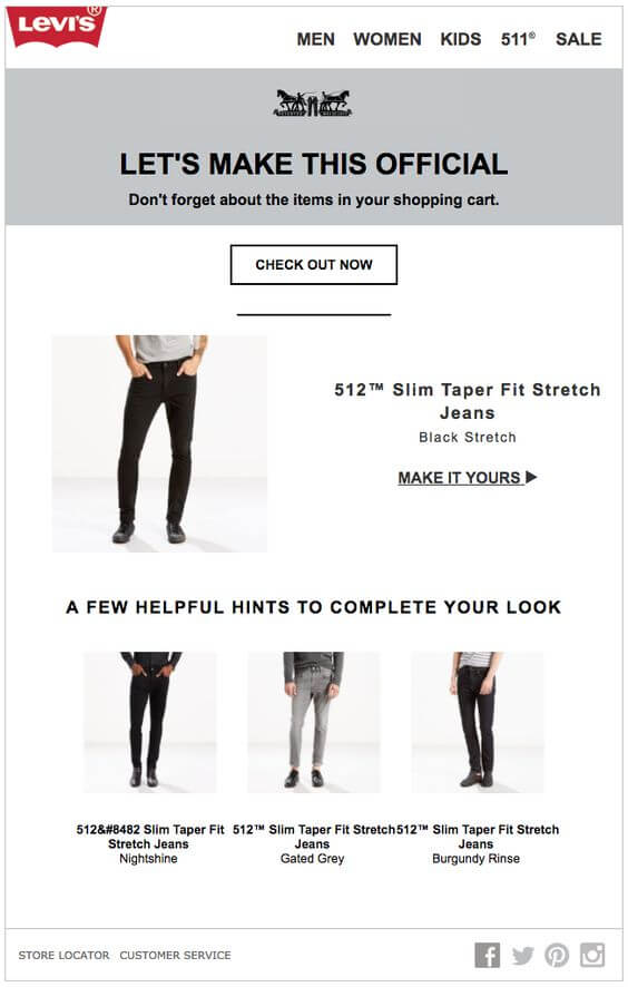 Levi’s abandoned cart email with the CTA and look ideas for the selected pair of jeans