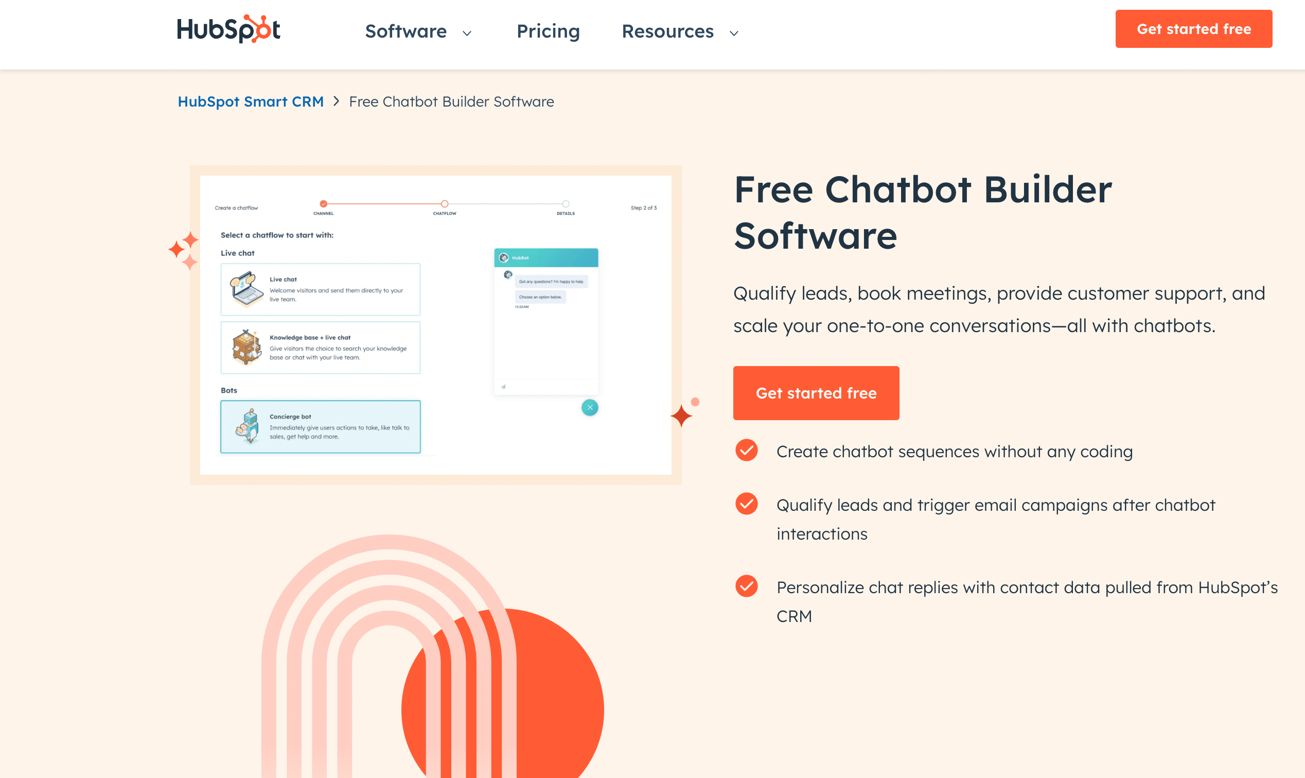 The HubSpot Chatbot Builder page, featuring a headline that says, “Free chatbot builder software.”