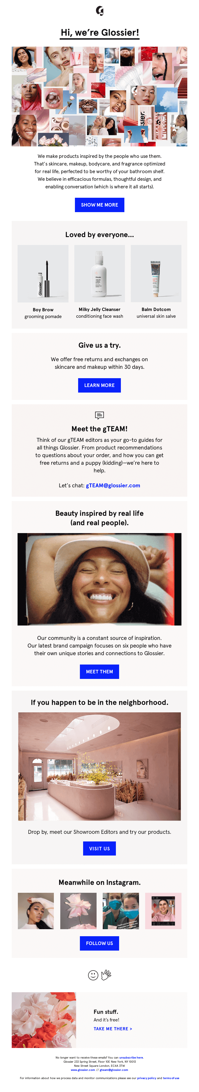 Glossier welcome email with product cards and photos of real users