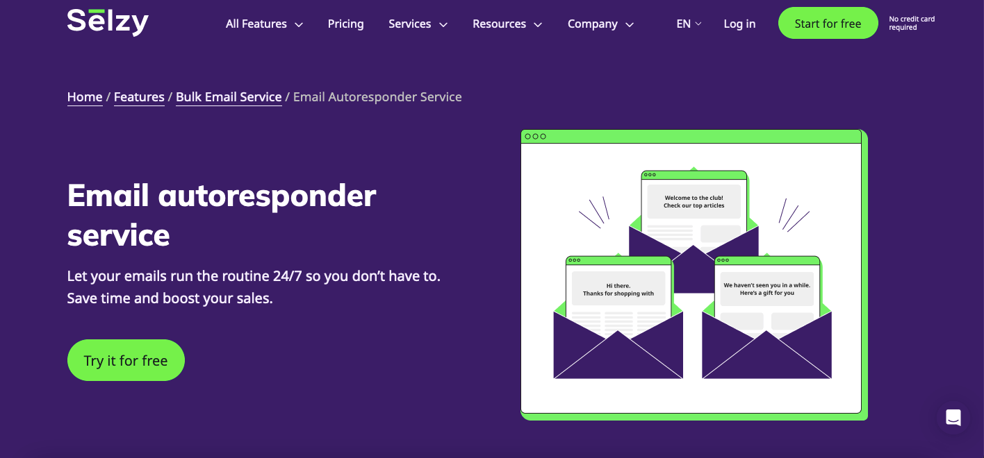 Selzy email autoresponder service’s landing page