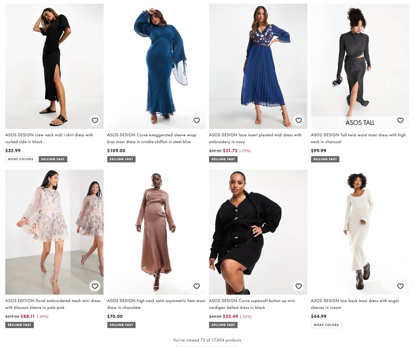 Inclusive models showcasing dresses on the sales page of Asos