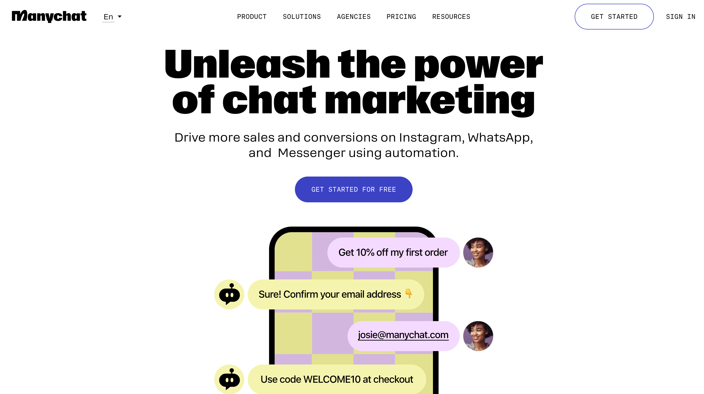 The Manychat home page, featuring a headline that says, “Unleash the power of chat marketing.”