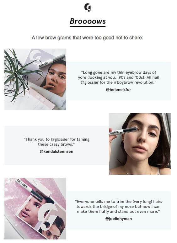 Glossier review email with brow care product cards and photos of real users