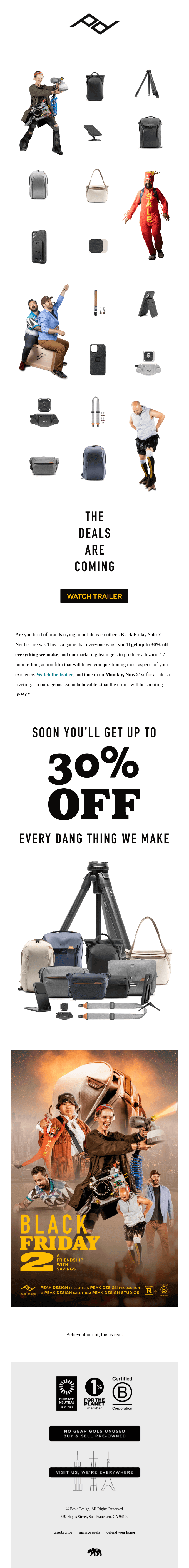 Black Friday email from Peak Design featuring the characters of a movie about Black Friday shot by the brand