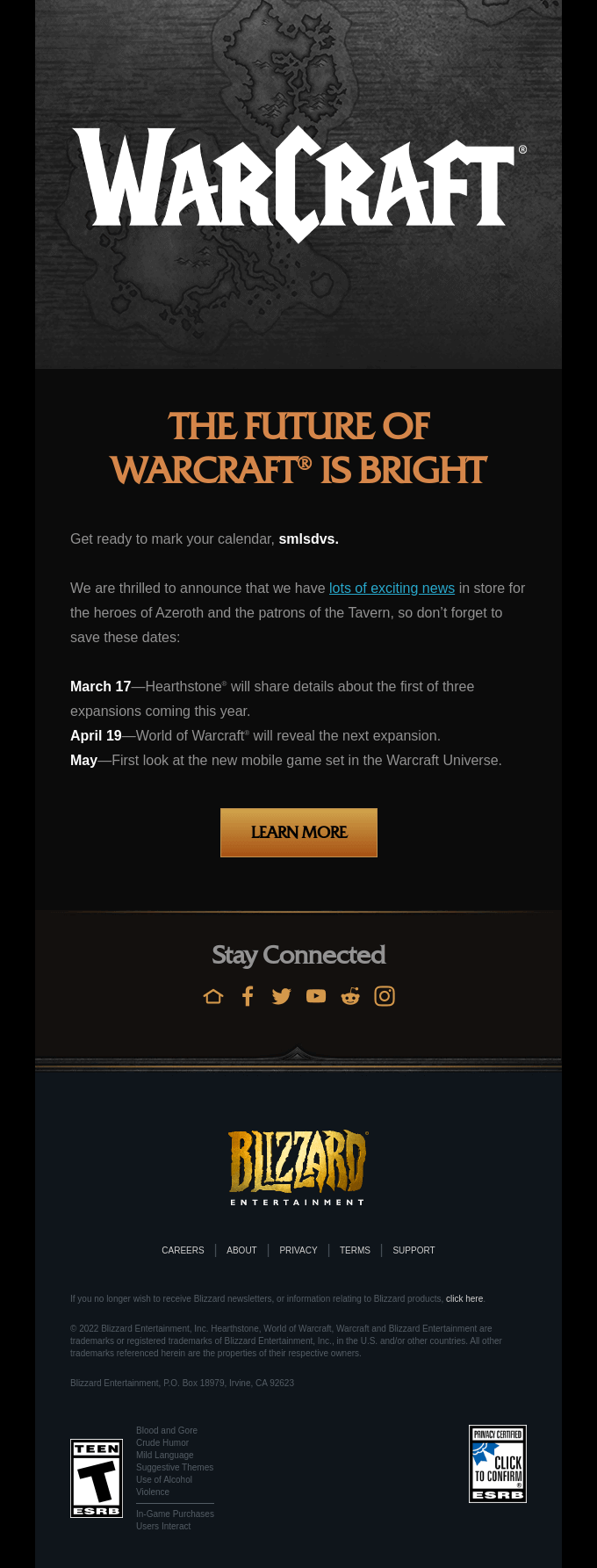 Email from Blizzard on Warcraft updates addressing the player by their in-game moniker