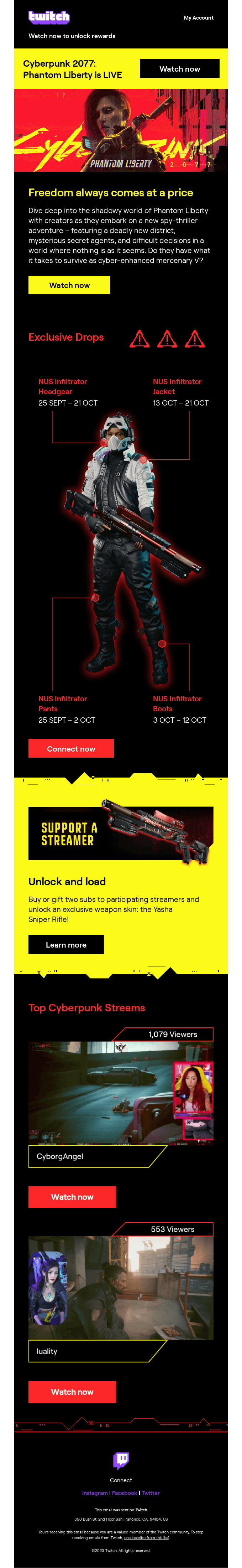 Email from Twitch promoting in-game outfit drops in Cyberpunk 2077 and using a mild sense of urgency