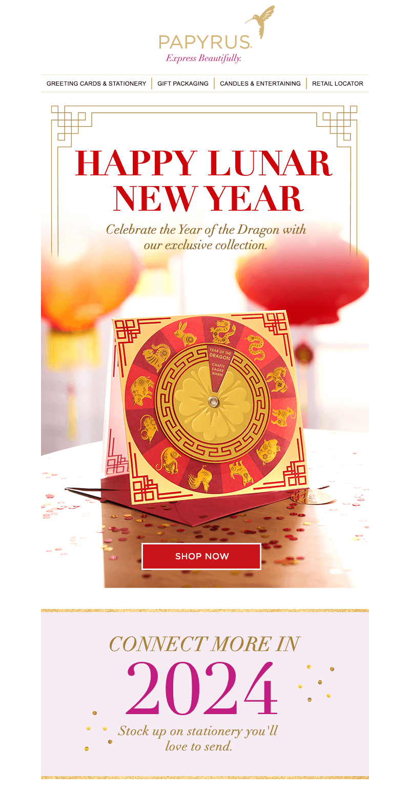 A Lunar New Year email from the stationary brand Papyrus featuring the zodiac calendar and the red and gold colors in the hero image