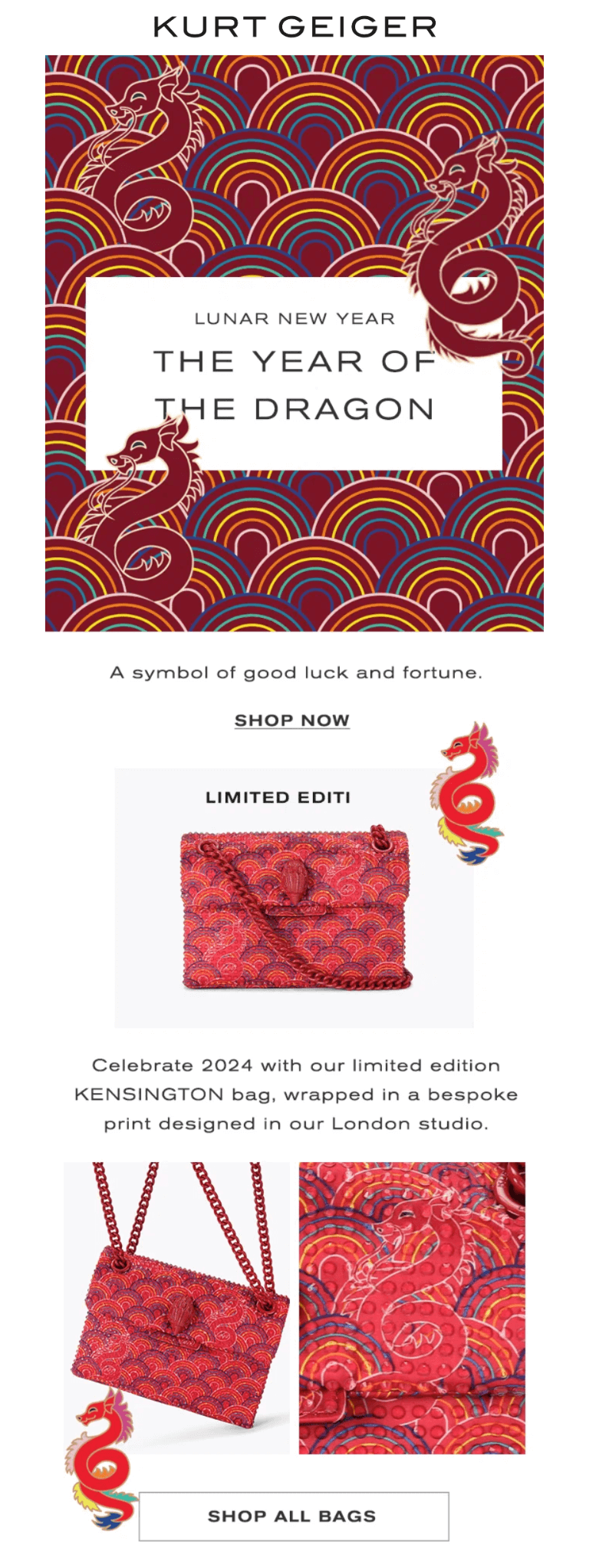 A Lunar New Year-themed email from Kurt Geiger incorporates waves and dragons into its design.
