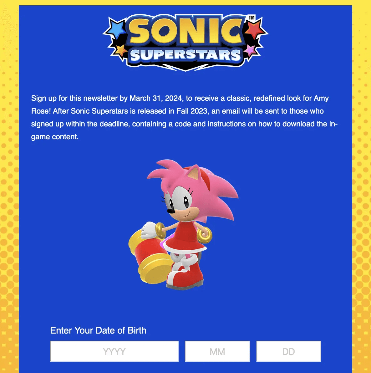 Sonic Superstars subscription form that invites people to subscribe to a newsletter and offers an in-game character’s classic look in return