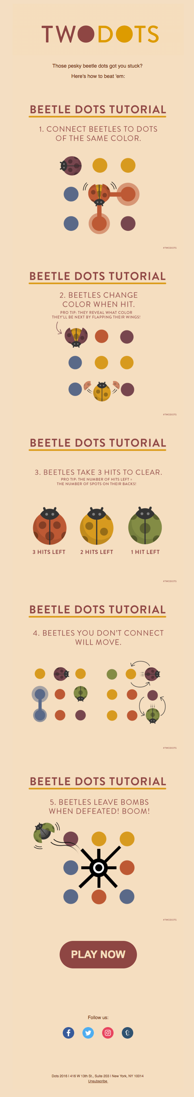 Tutorial email from Two Dots that shows how to play Beetle Dots, the copy is brief and well-illustrated for better clarity.