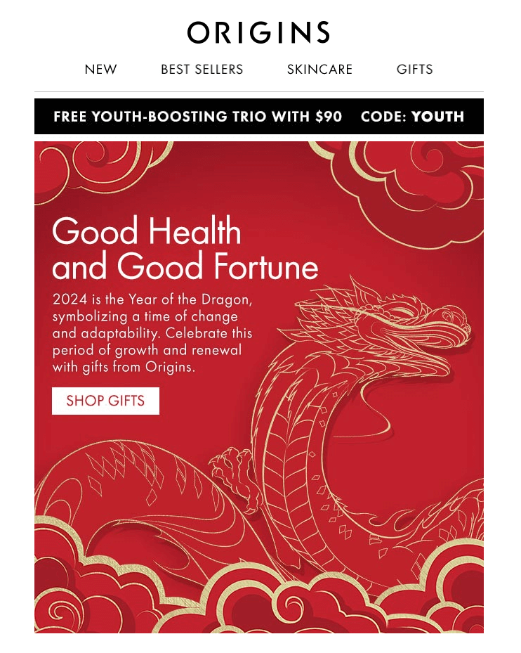 A Lunar New Year email from cosmetics brand Origins features a red-and-gold hero image depicting a dragon rising from the waves, and wishes of health and good fortune to the readers.