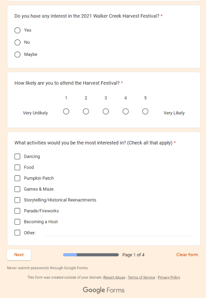 A screenshot of a Google Forms survey about the Harvest Festival in Walker Creek, the last question about activities of interest includes a weird “becoming a host” option while other options like fireworks and pumpkin patch seem normal for a local festival.