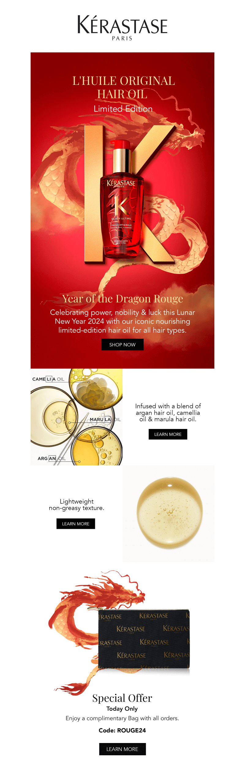 A Lunar New Year email from Kerastase featuring a limited edition product against the Lunar New Year-themed backdrop in the hero image