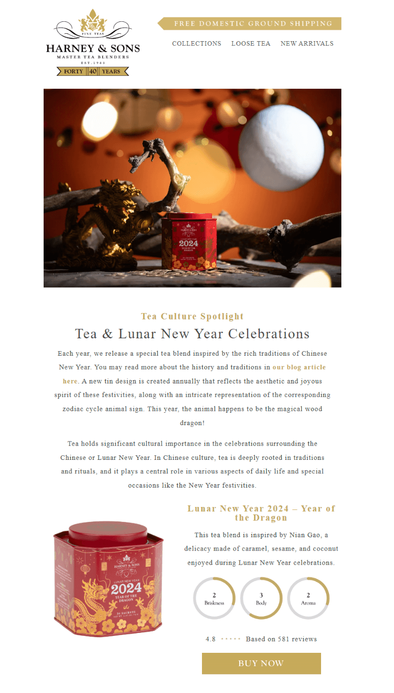 A Lunar New Year email from Harney & Sons features a high-quality themed hero image and an excerpt from a blog article about tea culture and its connection with Lunar New Year celebrations.