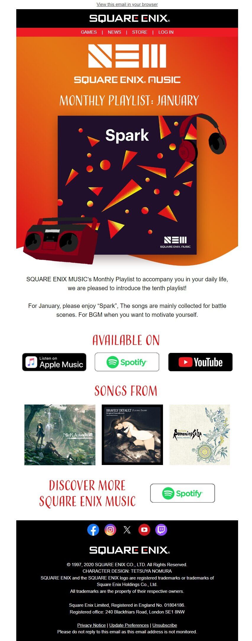An email from Square Enix that promotes a January playlist of game soundtracks available on different streaming platforms