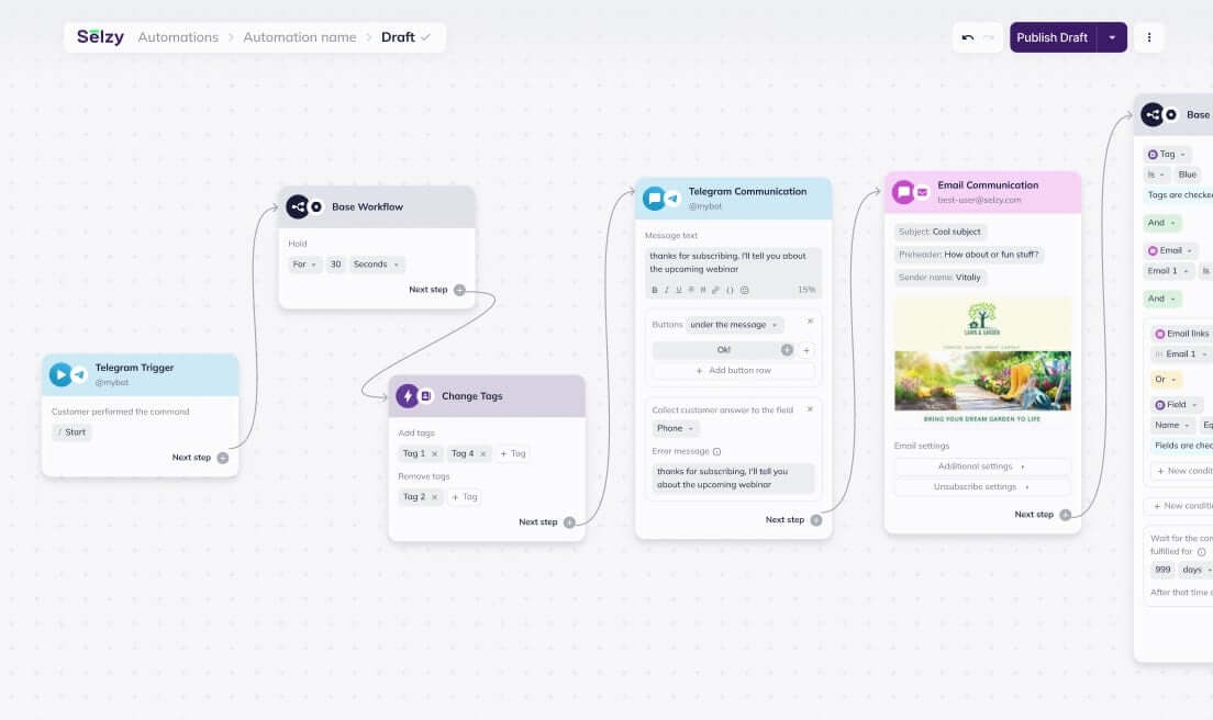 Email marketing automation flow in Selzy’s builder