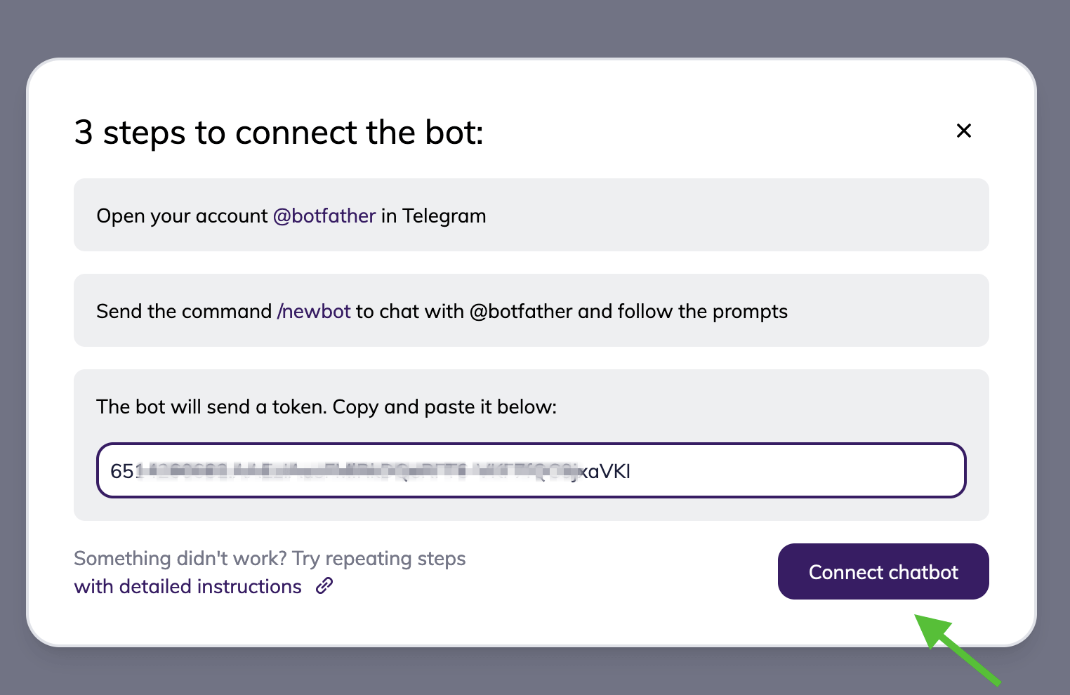 In the merge window, input the token into a white field to connect the chatbot to the Selzy platform