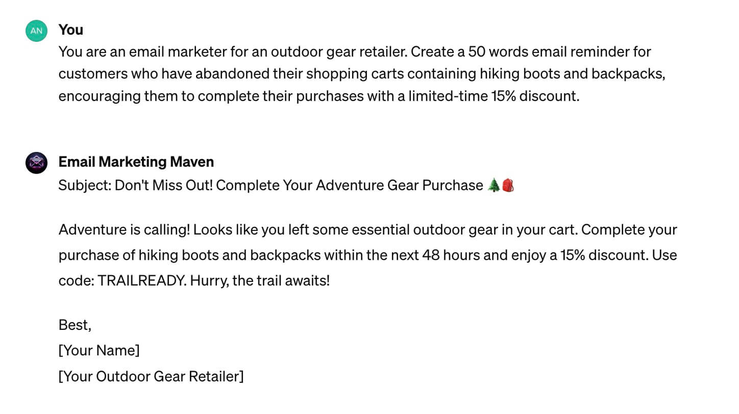 Screenshot illustrating an email prompt to encourage customers to complete abandoned shopping cart purchases with a limited-time discount