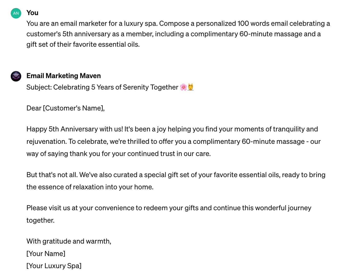 Example of an email prompt to compose a personalized anniversary celebration message for a luxury spa member