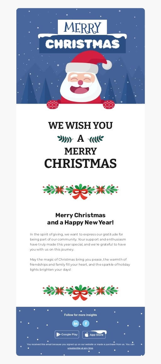 A responsive email template wishing a Merry Christmas with a picture of Santa Claus.