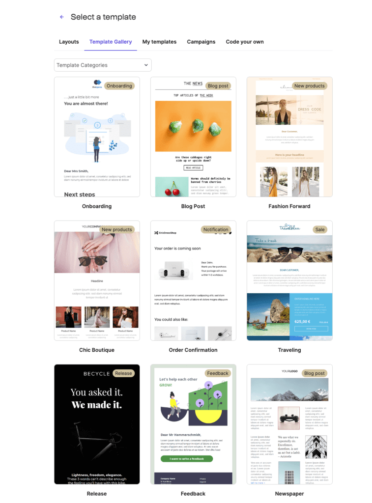 A selection of free responsive email templates from Brevo