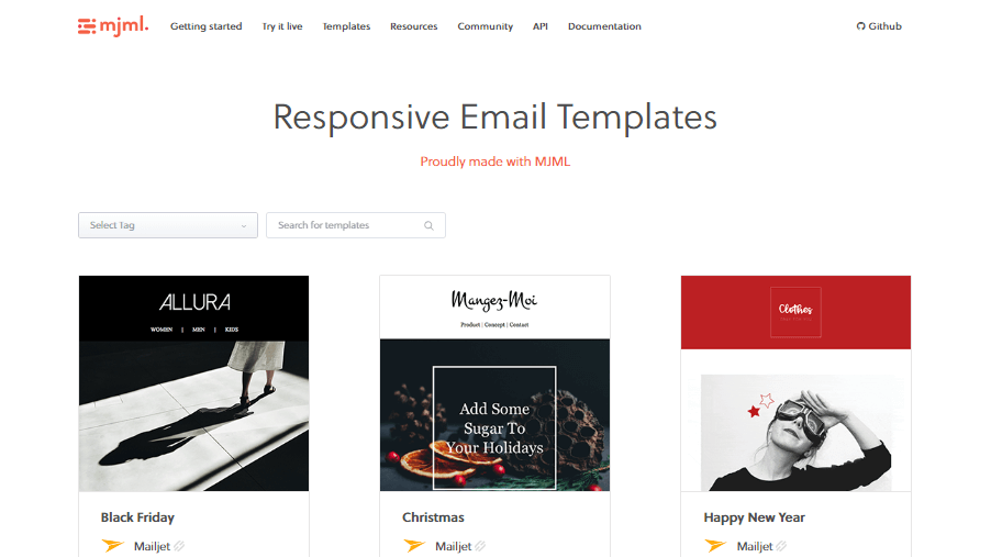 A preview of MJML’s free email templates
