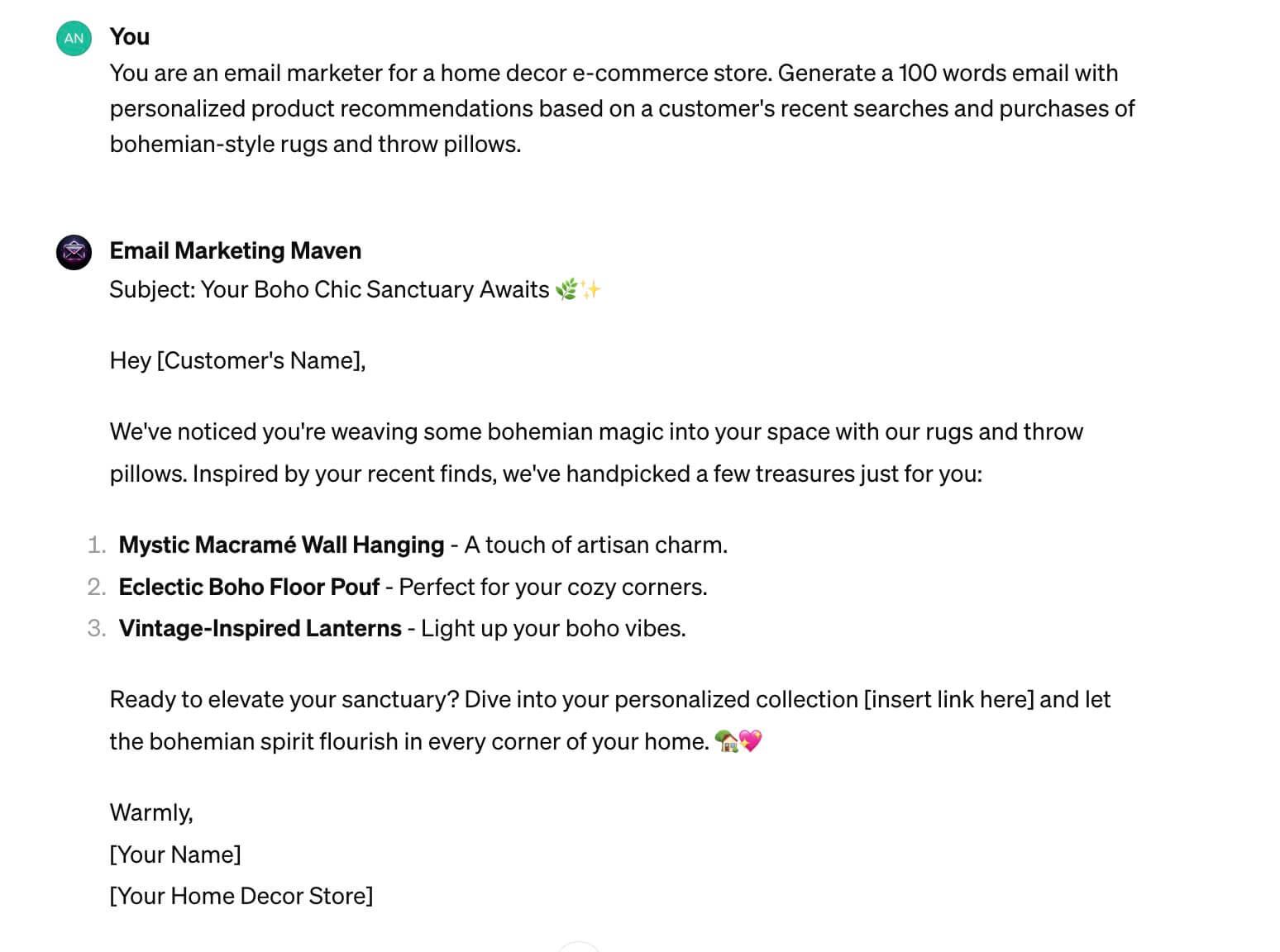 Example of an email prompt to generate personalized product recommendations for bohemian-style home decor