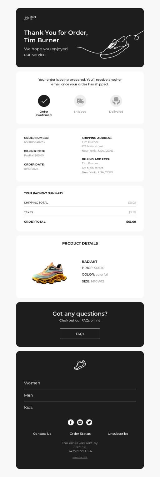 A transactional responsive email by Selzy with a vector drawing of a shoe.