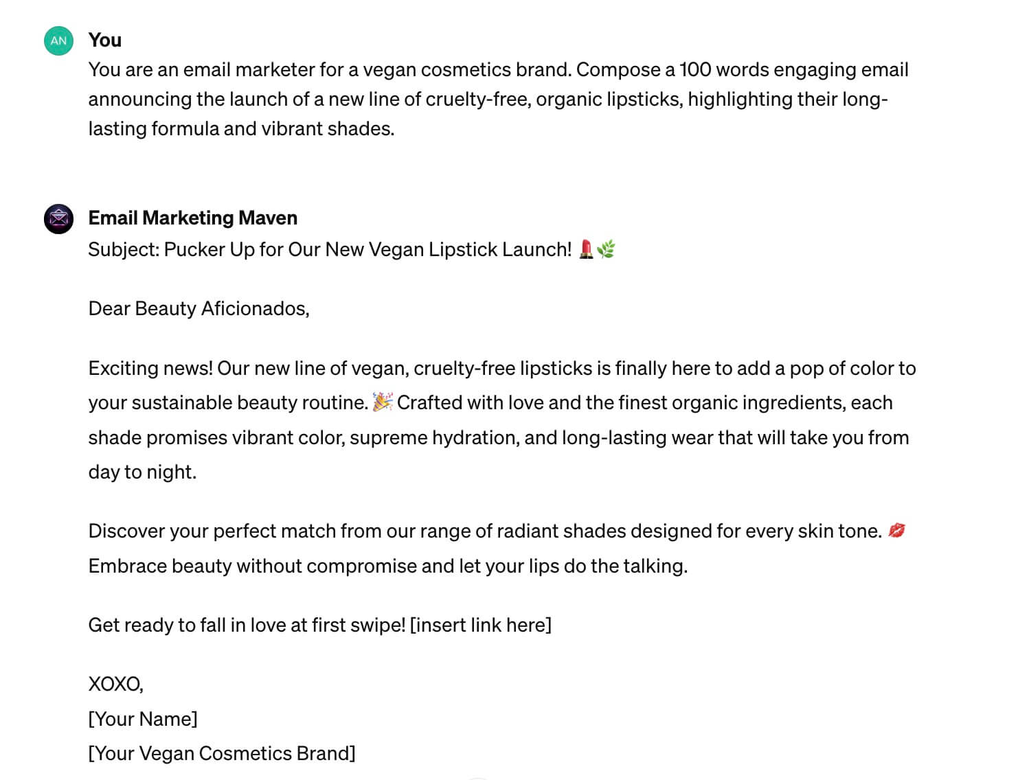Example of an email prompt to compose a new vegan, cruelty-free, organic lipstick line launch announcement