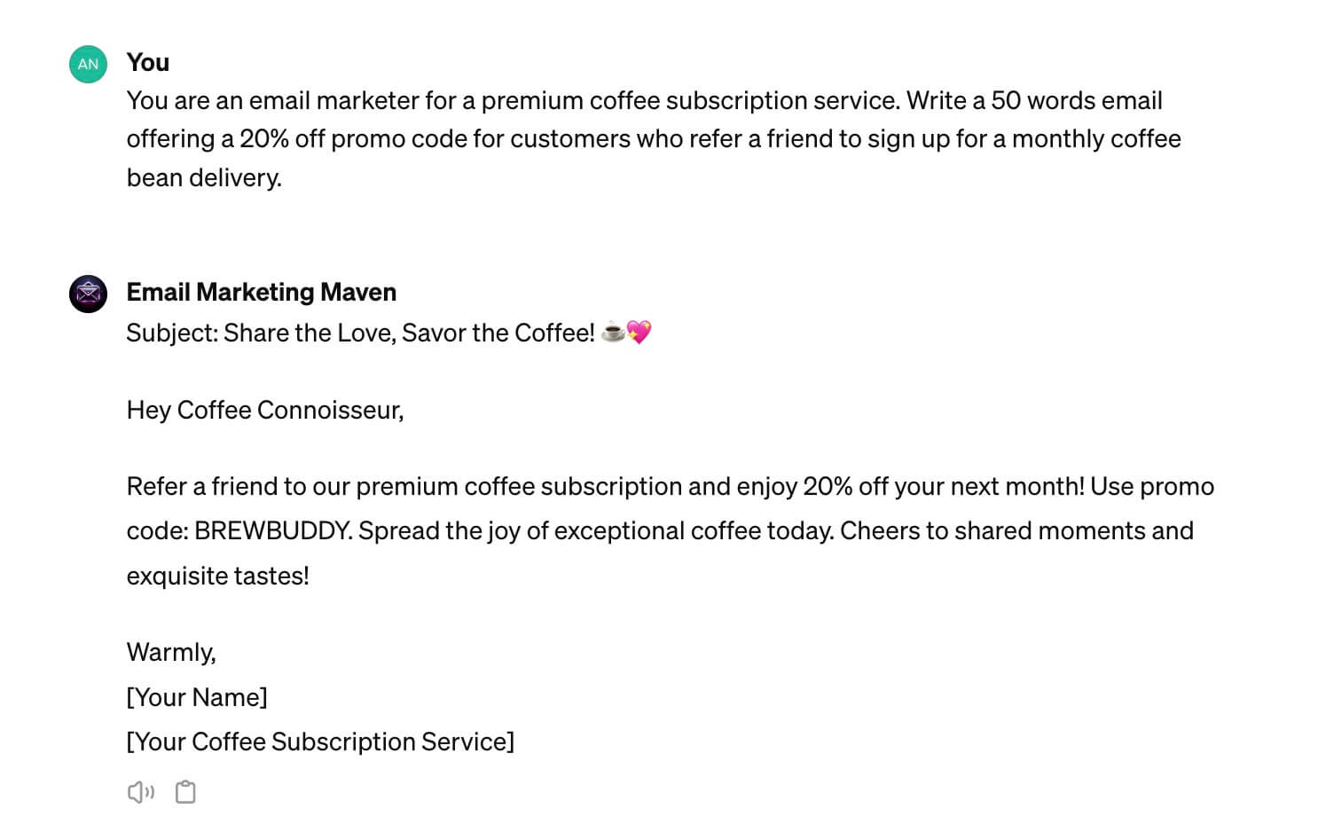 Example of an email prompt to offer a 20% off promo code for referring friends to a premium coffee subscription