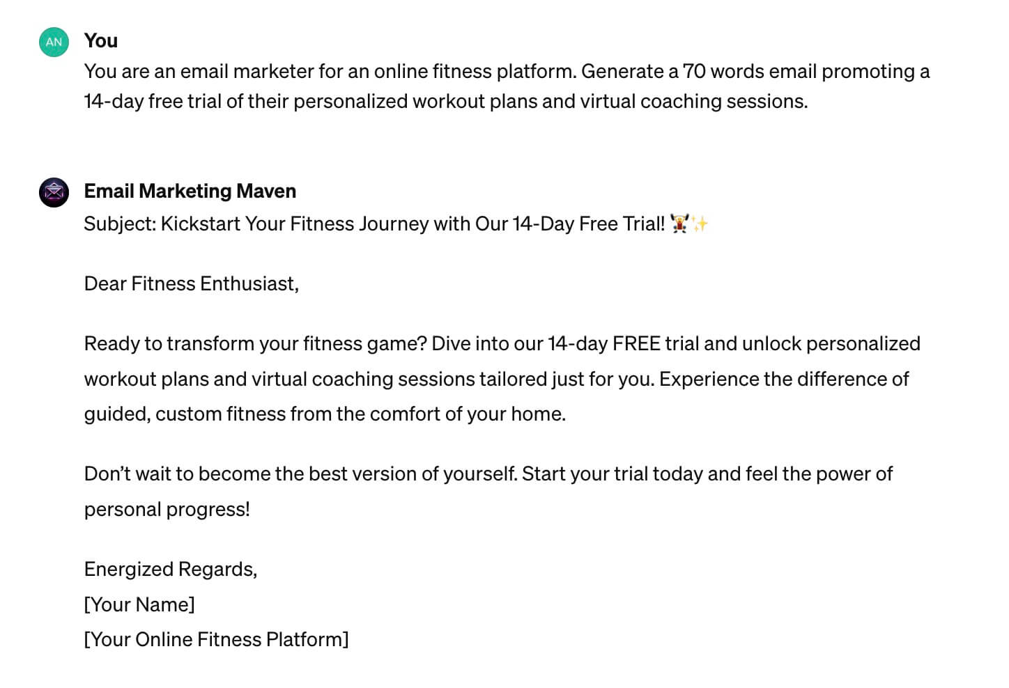 Screenshot showcasing an email prompt to promote a 14-day free trial of personalized workout plans on an online fitness platform