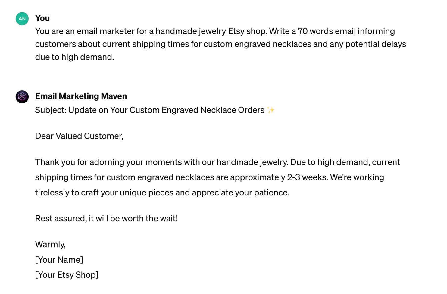 Example of an email prompt to inform customers about shipping times and potential delays for custom engraved jewelry