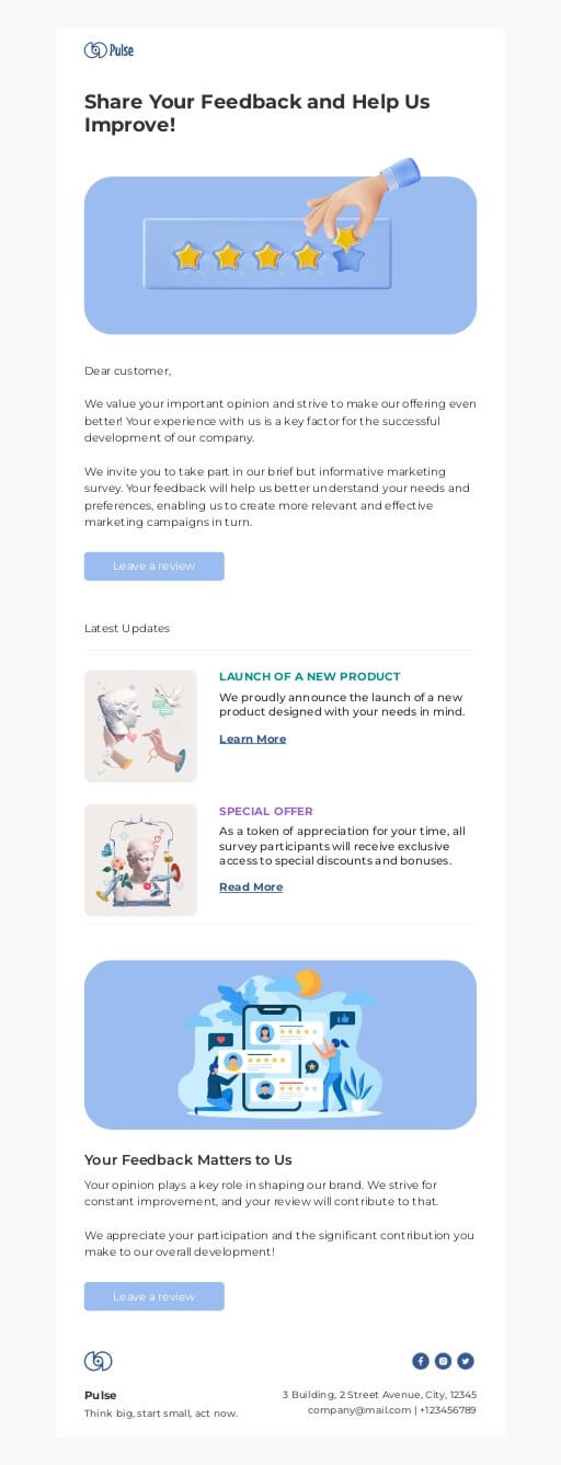 A responsive email template asking for feedback.