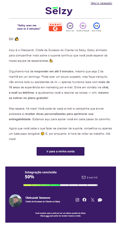 An email from Selzy in English and in Portuguese promoting our support services 