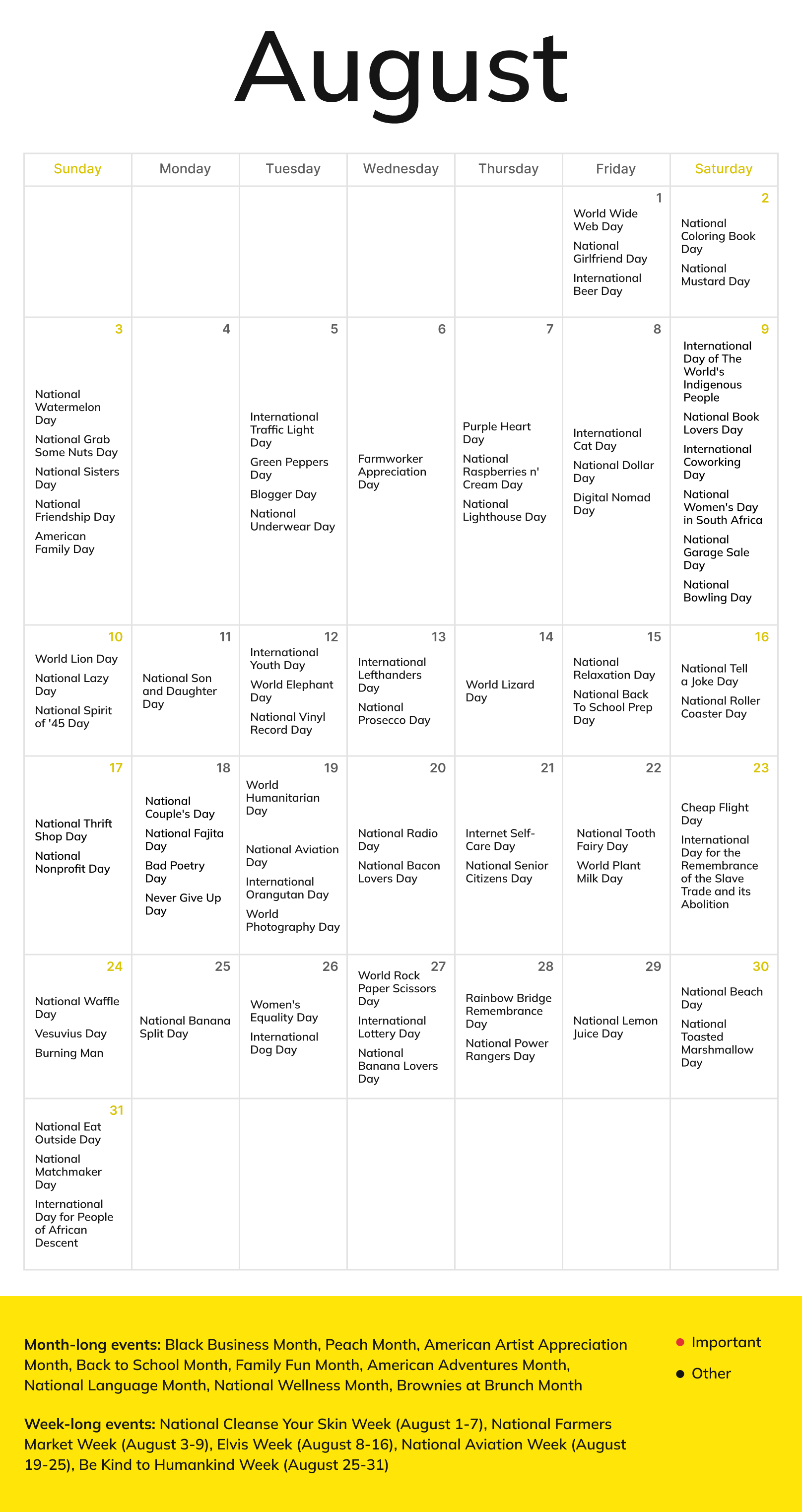 August event calendar with daily, weekly, and monthly occasions