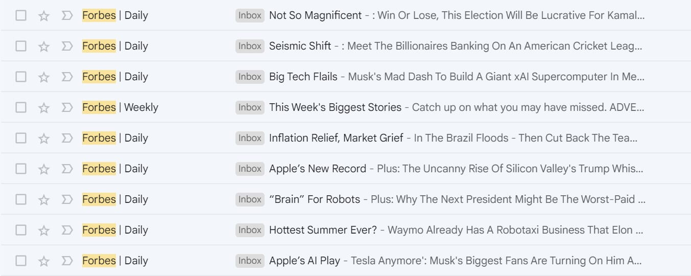 Newsletters from Forbes in a Gmail inbox folder 