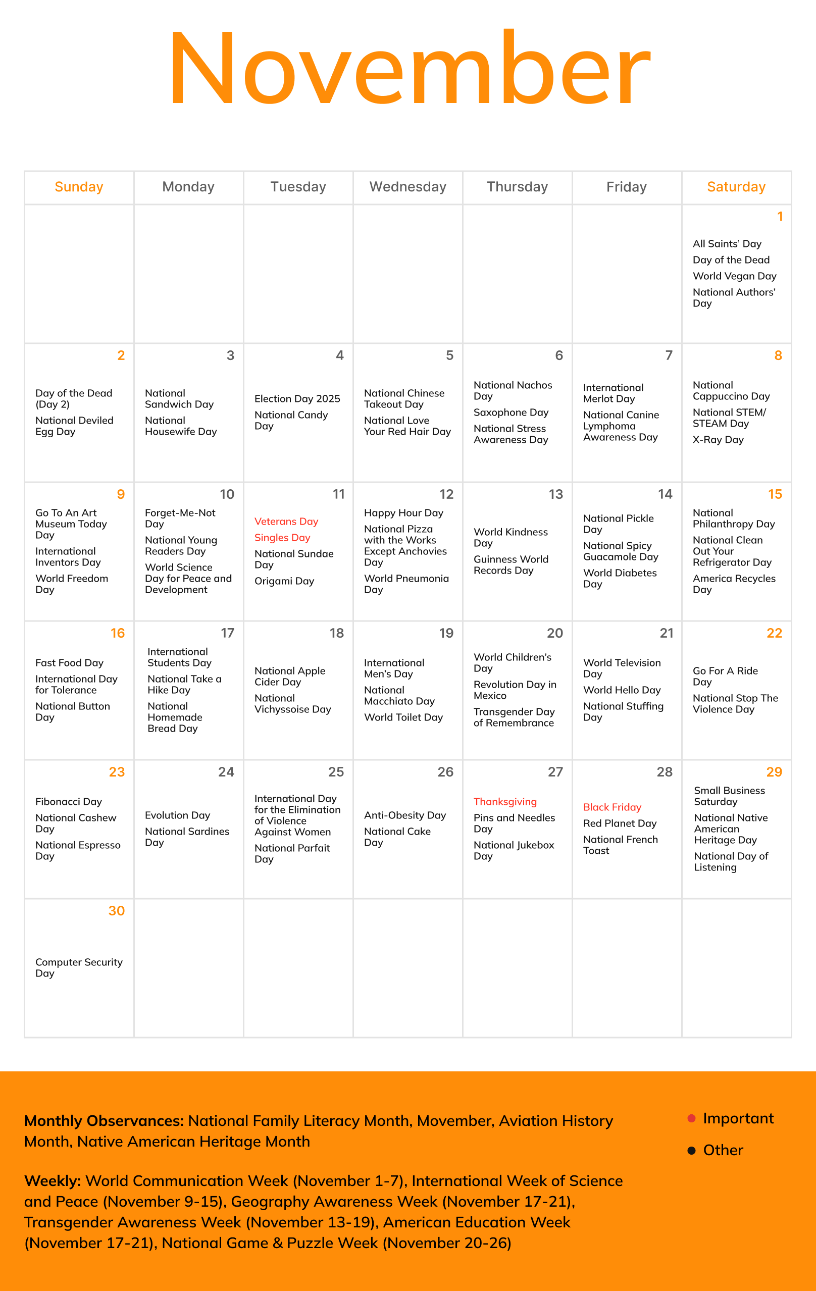 November email marketing calendar with occasions for every day