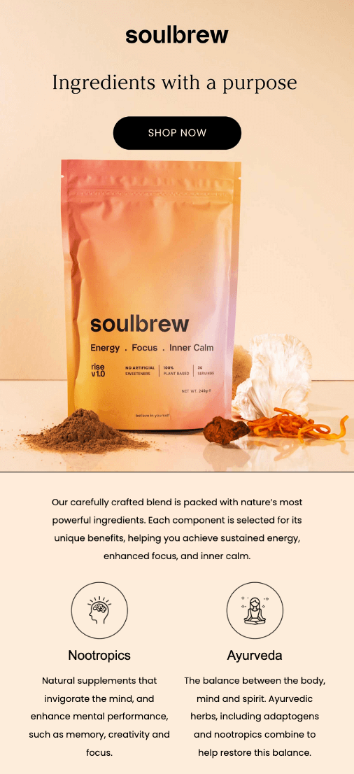 An email from SoulBrew with the heading “Ingredients with a purpose” and body copy that uses words like “sustained energy,” “invigorate the mind,” “enhance mental performance,” etc.