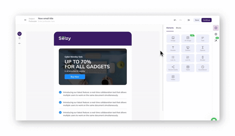 A GIF showing Selzy’s AI email assistant’s roles menu, including subject line and preheader generator, translator, copywriter, proofreader, marketer, and psychologist